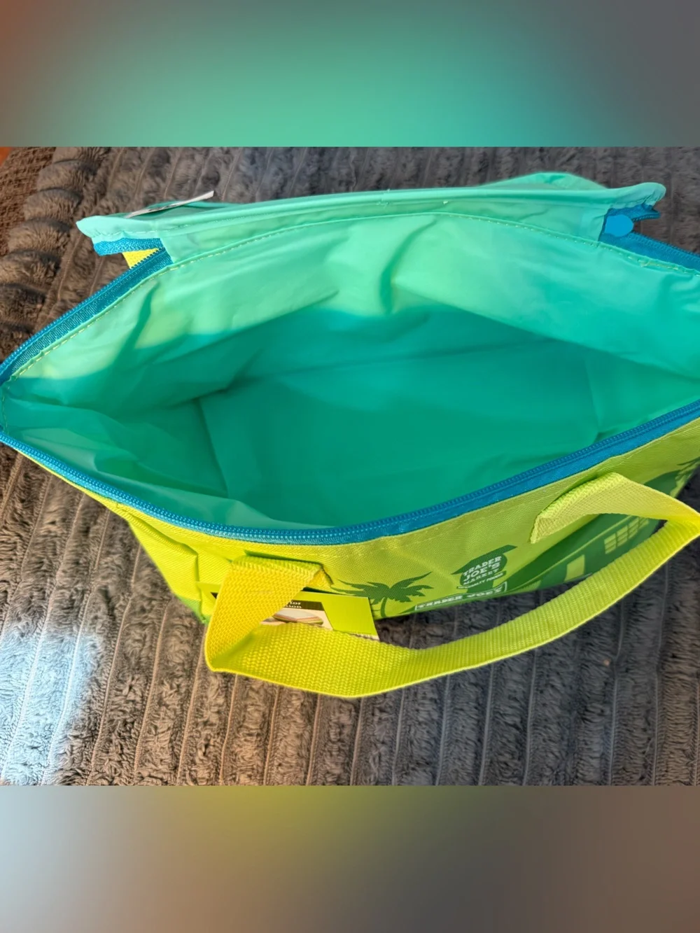 Neon Lime Insulated Lunch Tote with Blue Zipper